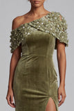 Olive Sheath Asymmetrical One Shoulder Velvet Maxi Mother of the Bride Dress with 3D Flower