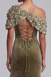 Olive Sheath Asymmetrical One Shoulder Velvet Maxi Mother of the Bride Dress with 3D Flower
