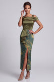 Olive Sheath Asymmetrical Off the Shoulder Printed Long Mother of the Bride Dress with Ruffles