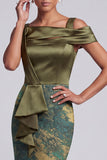 Olive Sheath Asymmetrical Off the Shoulder Printed Long Mother of the Bride Dress with Ruffles