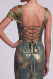 Olive Sheath Asymmetrical Off the Shoulder Printed Long Mother of the Bride Dress with Ruffles