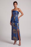 Dark Blue Sheath Strapless Ruffles Long Mother of the Bride Dress with Side Slit