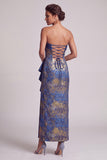 Dark Blue Sheath Strapless Ruffles Long Mother of the Bride Dress with Side Slit