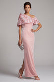 Pink Sheath Asymmetrical Velvet One Shoulder Sequins Embroidered Long Mother of the Bride Dress