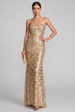 Sparkly Golden Sequins Strapless Mermaid Maxi Evening Dress