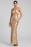 Golden Mermaid Halter Backless Long Evening Dress with Sequins