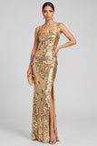 Sparkly Golden Sheath Sequins 3D Appliques Maxi Evening Dress with Side Slit