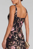 Black Pink A-Line V-Neck Floral Maxi Evening Dress with Sequins