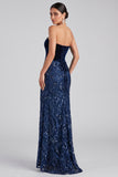 Navy Strapless Mermaid Velvet Sequins Long Evening Dress