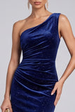 Glitter Navy Velvet One Shoulder Ruched Evening Dress