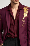 Notch Lapel Burgundy Floral Single Breasted Men's Prom Blazer