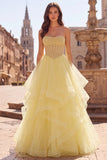 Yellow Ball Gown Corset Strapless Pearls Tiered Ruffled Long Ball Dress