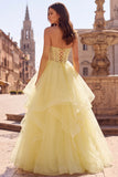 Yellow Ball Gown Corset Strapless Pearls Tiered Ruffled Long Ball Dress
