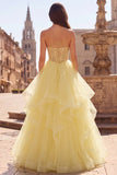 Yellow Ball Gown Corset Strapless Pearls Tiered Ruffled Long Ball Dress