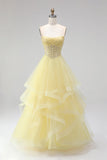 Yellow Ball Gown Corset Strapless Pearls Tiered Ruffled Long Ball Dress