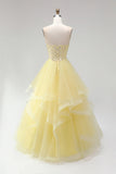 Yellow Ball Gown Corset Strapless Pearls Tiered Ruffled Long Ball Dress