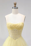 Yellow Ball Gown Corset Strapless Pearls Tiered Ruffled Long Ball Dress