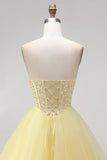 Yellow Ball Gown Corset Strapless Pearls Tiered Ruffled Long Ball Dress