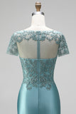Peacock Embroidery Mermaid Satin V-Neck Beaded Long Prom Dress with Short Sleeves