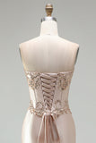 Champagne Satin Mermaid Corset Beaded Strapless Long Prom Dress