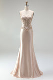 Champagne Satin Mermaid Corset Beaded Strapless Long Prom Dress