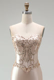 Champagne Satin Mermaid Corset Beaded Strapless Long Prom Dress
