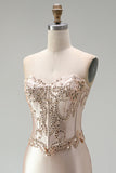 Champagne Satin Mermaid Corset Beaded Strapless Long Prom Dress