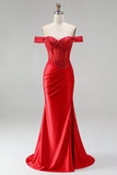 Off the Shoulder Red Mermaid Corset Satin Ruched Sequins Appliques Beaded Long Ball Dress with Slit