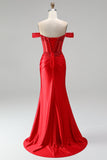 Off the Shoulder Red Mermaid Corset Satin Ruched Sequins Appliques Beaded Long Ball Dress with Slit
