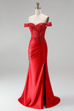 Off the Shoulder Red Mermaid Corset Satin Ruched Sequins Appliques Beaded Long Ball Dress with Slit