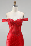 Off the Shoulder Red Mermaid Corset Satin Ruched Sequins Appliques Beaded Long Ball Dress with Slit