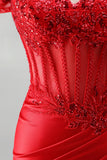 Off the Shoulder Red Mermaid Corset Satin Ruched Sequins Appliques Beaded Long Ball Dress with Slit