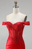 Off the Shoulder Red Mermaid Corset Satin Ruched Sequins Appliques Beaded Long Ball Dress with Slit