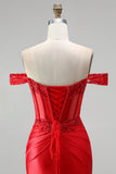 Off the Shoulder Red Mermaid Corset Satin Ruched Sequins Appliques Beaded Long Ball Dress with Slit