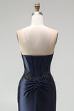 Dark Navy Mermaid Beaded Appliques Corset Satin Strapless Long Ball Dress with Slit