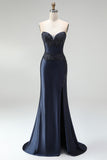 Dark Navy Mermaid Beaded Appliques Corset Satin Strapless Long Ball Dress with Slit