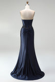 Dark Navy Mermaid Beaded Appliques Corset Satin Strapless Long Ball Dress with Slit