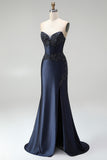 Dark Navy Mermaid Beaded Appliques Corset Satin Strapless Long Ball Dress with Slit