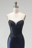 Dark Navy Mermaid Beaded Appliques Corset Satin Strapless Long Ball Dress with Slit