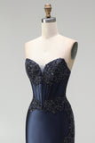 Dark Navy Mermaid Beaded Appliques Corset Satin Strapless Long Ball Dress with Slit