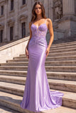 Lilac Satin Corset Sheer 3D Floral Appliques Ruched Spaghetti Straps Long Ball Dress
