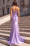 Lilac Satin Corset Sheer 3D Floral Appliques Ruched Spaghetti Straps Long Ball Dress