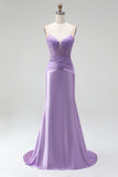 Lilac Satin Corset Sheer 3D Floral Appliques Ruched Spaghetti Straps Long Ball Dress