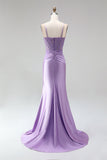 Lilac Satin Corset Sheer 3D Floral Appliques Ruched Spaghetti Straps Long Ball Dress
