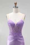 Lilac Satin Corset Sheer 3D Floral Appliques Ruched Spaghetti Straps Long Ball Dress