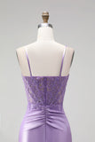 Lilac Satin Corset Sheer 3D Floral Appliques Ruched Spaghetti Straps Long Ball Dress