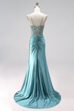Blue Mint Mermaid Ruched Corset Satin Appliques Spaghetti Straps Long Prom Dress with Beading