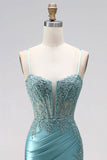 Blue Mint Mermaid Ruched Corset Satin Appliques Spaghetti Straps Long Prom Dress with Beading