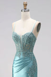 Blue Mint Mermaid Ruched Corset Satin Appliques Spaghetti Straps Long Prom Dress with Beading