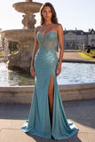 Blue Mint Mermaid Ruched Corset Satin Appliques Spaghetti Straps Long Prom Dress with Beading